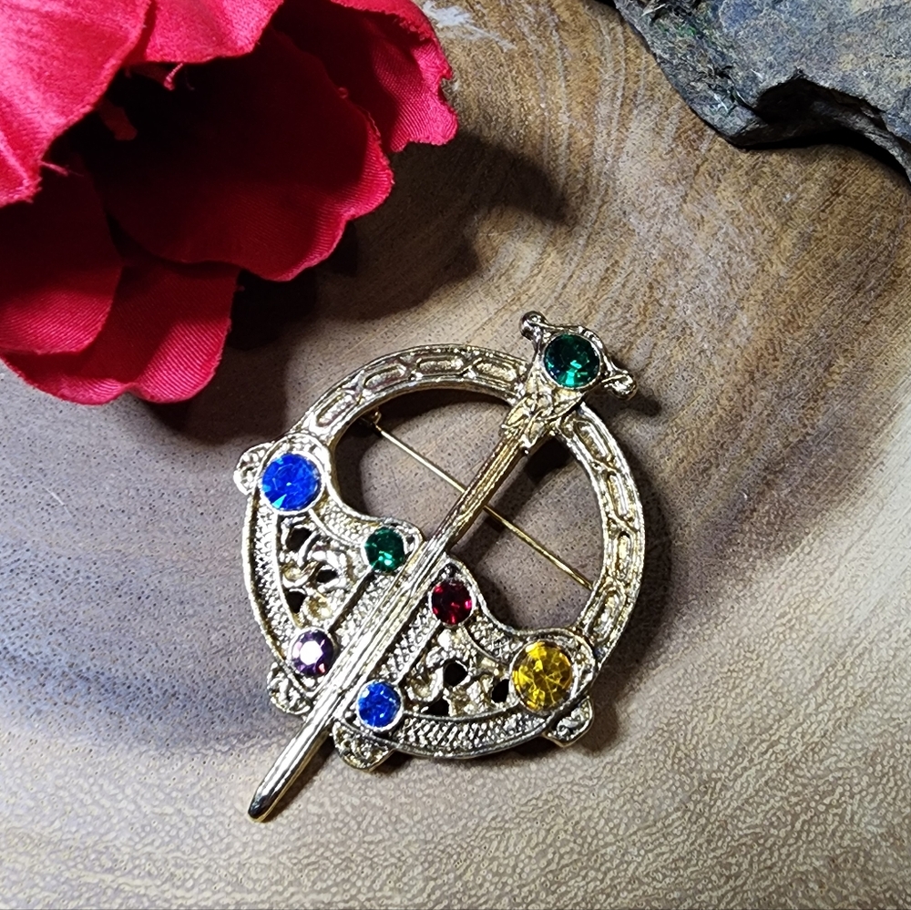 Vintage Gold Toned Celtic Faux Tara Brooch with Multicolor Glass Gemstones